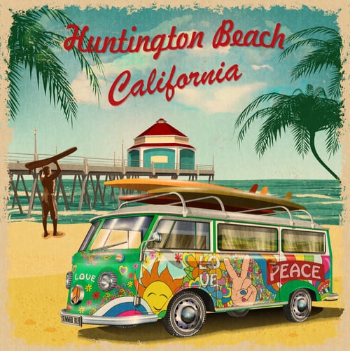 Huntington Beach, California Postcard with VW Bus